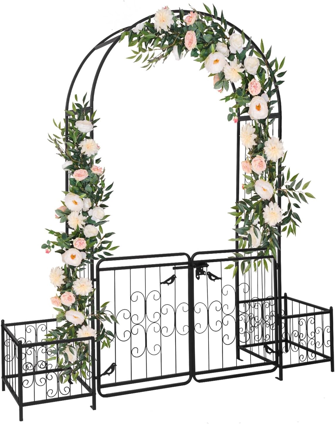 Outvita 7FT Garden Arch Arbor with Entry Door and Plant Frame, Heavy Duty Metal Arbour Archway, Decorative Frame Stand Trellis with Ground Stakes for Wedding Ceremony Party Plant Patio Black