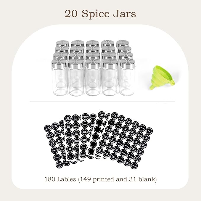 WelFurGeer Bamboo Spice Rack Organizer for Countertop, Revolving Spice Shelf with 20 Glass Jars, Lids & Labels, Desktop Rotating Seasoning Organizer for Kitchens, Space-Saving Design