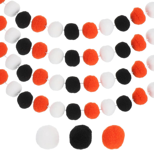 PATIKIL 26Ft Pom Pom Garland Decorations, 4Pcs Colorful Felt Ball Garland Banner Cute Rainbow Pompom Hanging Decorations for Tree Ornaments Homes Decor, Black/Orange/White