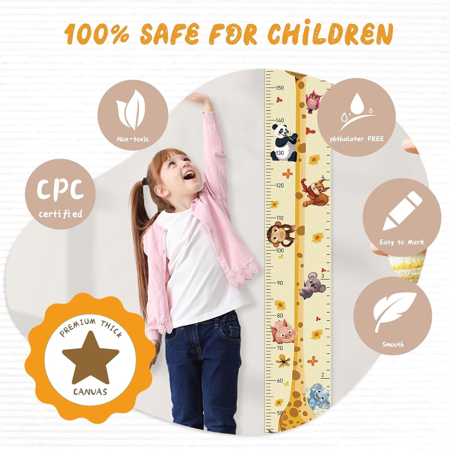 Personalized Name Growth Chart Wall Decor for Kids – Canvas Removable Height Chart Measuring Ruler 59" x 7.9" (Giraffes)