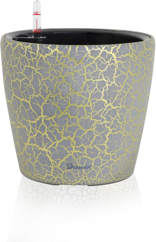 Dexceder 9x8 Inches Self Watering Planter Indoor Outdoor, Inner Pot Design, Thickened Table Flower Plant Pot with Water Level Indicator (Grey Gold Crackle)