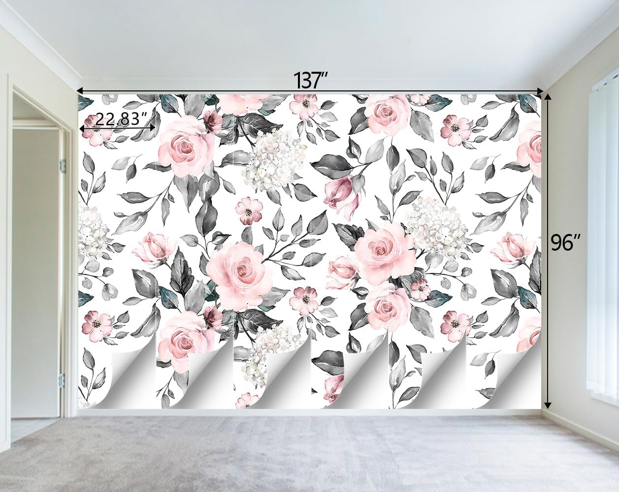 Grey Leaf Pink Flowers Mural Bedroom Floral Wallpaper Room Decor Living Room tv Background Large Wall Mural - 137"x96" (Not Peel and Stick)