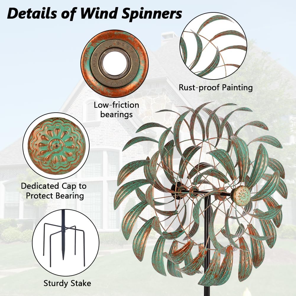 Viveta Large Outdoor Wind Spinner,21 * 85 inches Metal Wind Sculpture with 4 Sturdy Stakes,Green Double Wind Spinners,Decorative Windmill for Yard and Garden