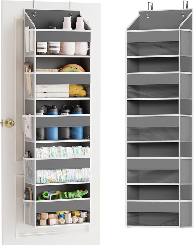 SpaceAid 1 Pack Over The Door Organizer with 5 Large Pockets and 10 Mesh Side Pockets, 5 Layers Door Organizer Hanging with Clear Window for Bedroom, Bathroom, Pantry and Nursery, Gray