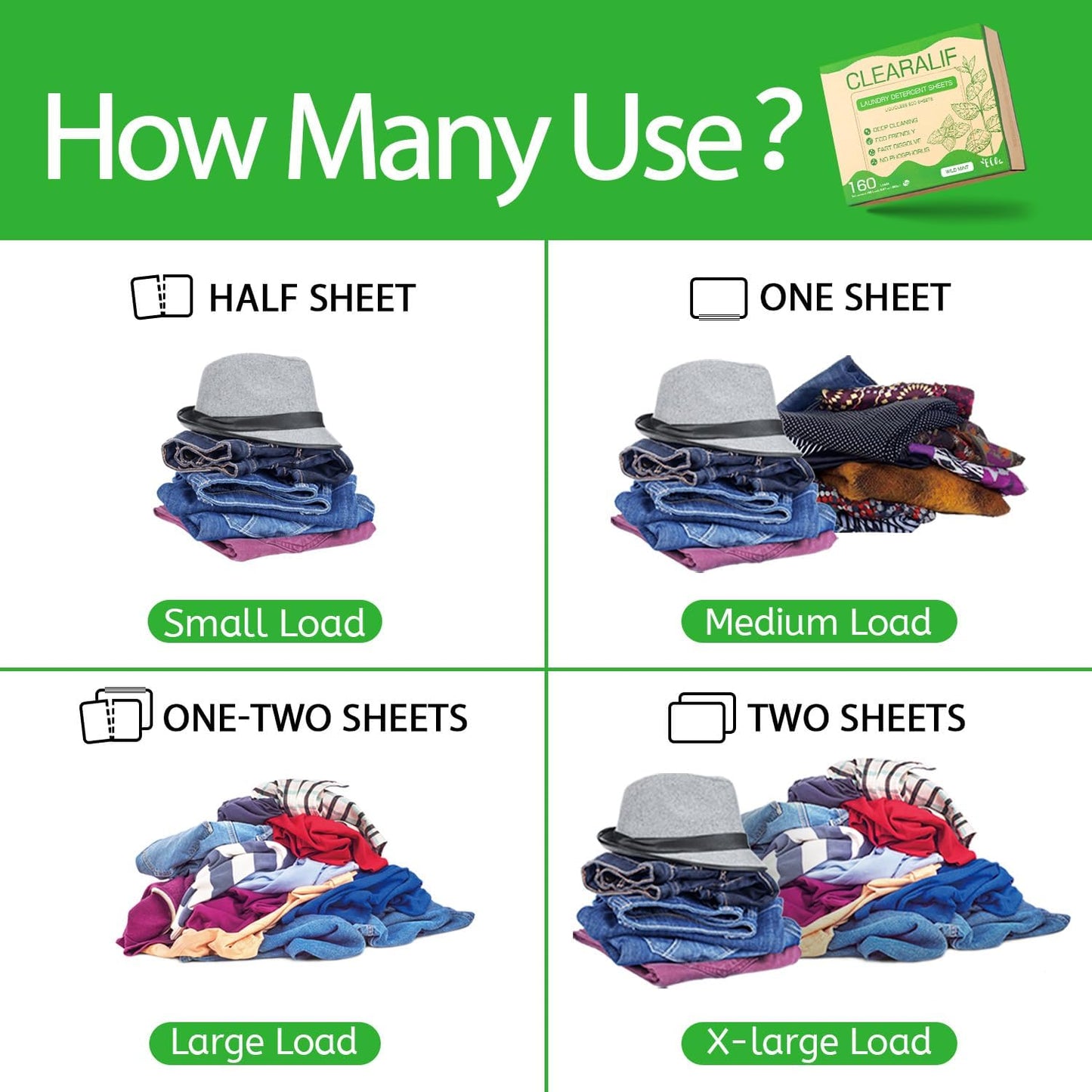 Laundry Detergent Sheets Up to 160 Loads, Wild Mint - Great For Travel,Apartments, Dorms,CLEARALIF Laundry Detergent Strips Eco Friendly & Hypoallergenic - 80 Sheets