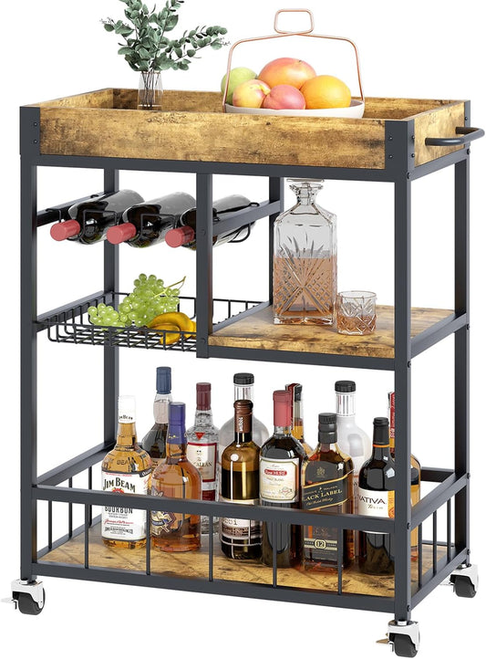 Bar Cart with Basket 3 Tiers Home Rolling Wine Rack with Wheels Mobile Kitchen Industrial Vintage Style Wood Metal Serving Trolley Serving Cart,Glass Holder Bar Cabinet
