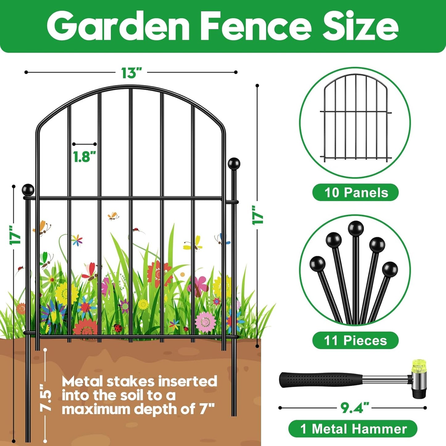 Decorative Garden Fence 17in (H) x15ft (L), Arched Rustproof Metal No Dig Fence for Dogs & Rabbit, Ornamental Animal Barrier for Flower Beds, Border Panels Fencing for Yard & Patio Outdoor Decor