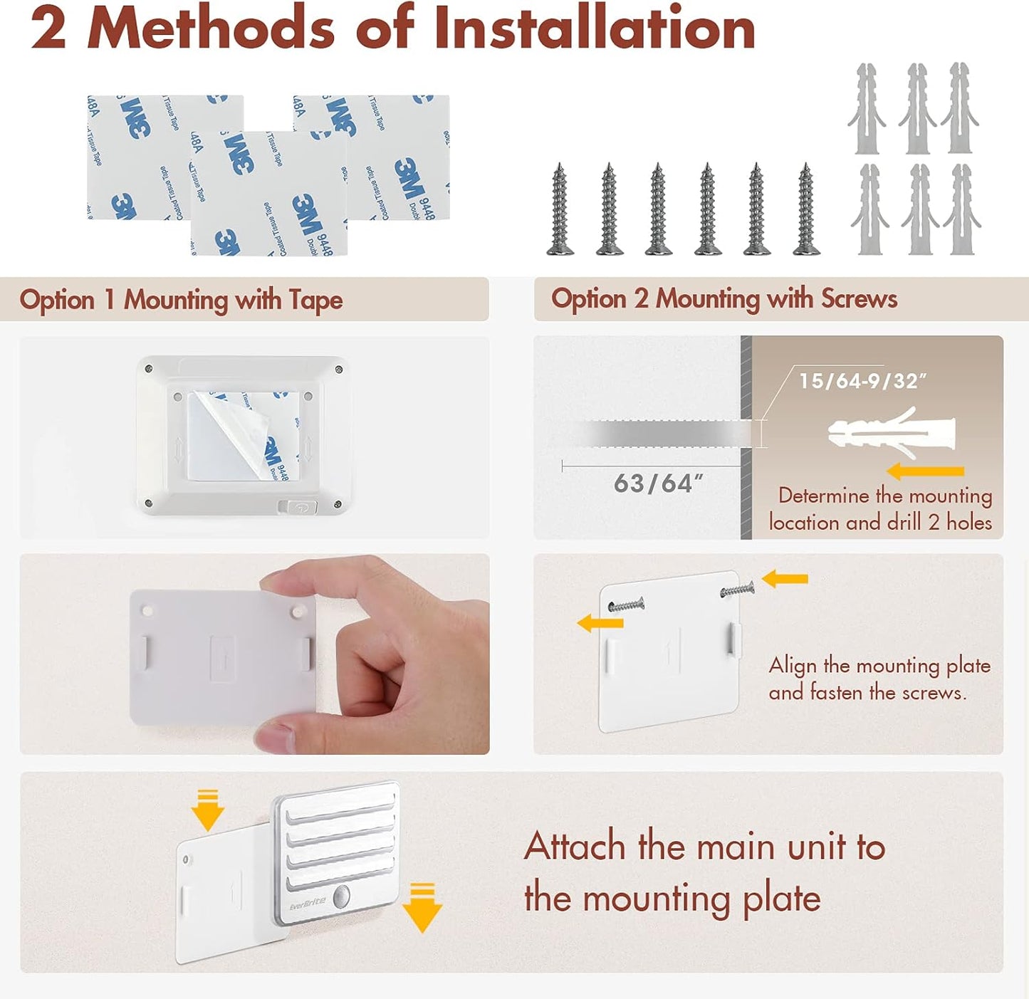 EverBrite Motion Sensor Night Lights, LED Soft Warm Light, Battery Powered Auto Stick-On Night Light for Bedroom, Bathroom, Stair, Closet, 9 AA Batteries Included(3 Pack)