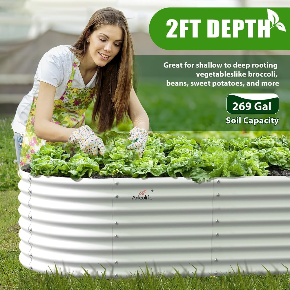 A ANLEOLIFE 6X3X2 ft Galvanized Raised Garden Beds Outdoor-6 Pack, Oval Large Metal Deep Root Planter Box for Planting Vegetables Flowers Herb, Anti-Rust & Easy-Setup, Antique White