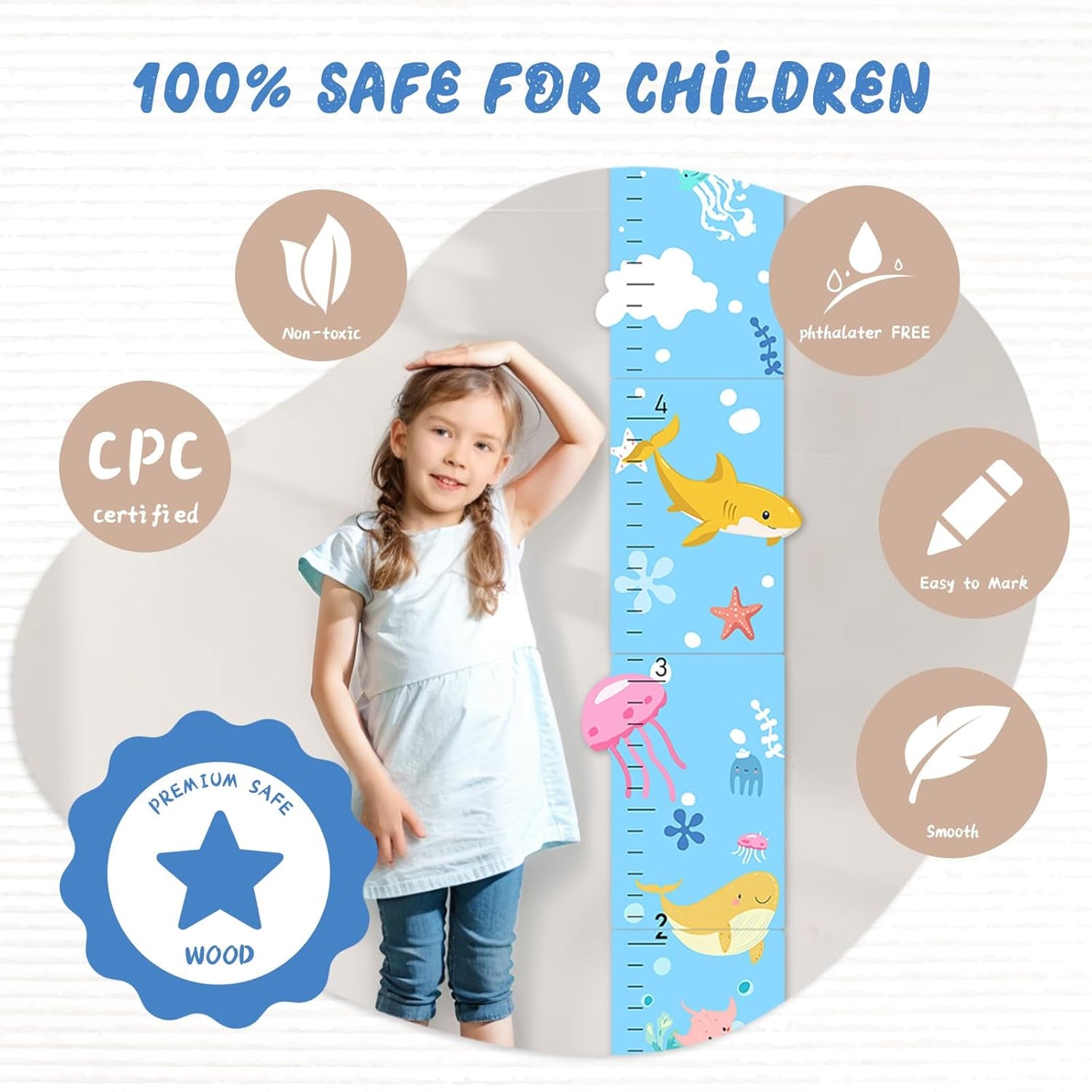 Personalized Name Growth Chart, Marine Animals Wooden Growth Chart for Kids, Height Chart for Boys Girls, Measuring Board for Kids Height for Child's Room, Nursery Decor Decoration