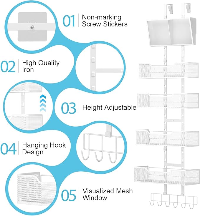 Adjustable Over The Door Organizer, Hanging Door Storage with PVC Pocket and 4 Metal Baskets Wall Mount, Closet Door Organizer Behind Door Rack for Bathroom Bedroom Closet, White