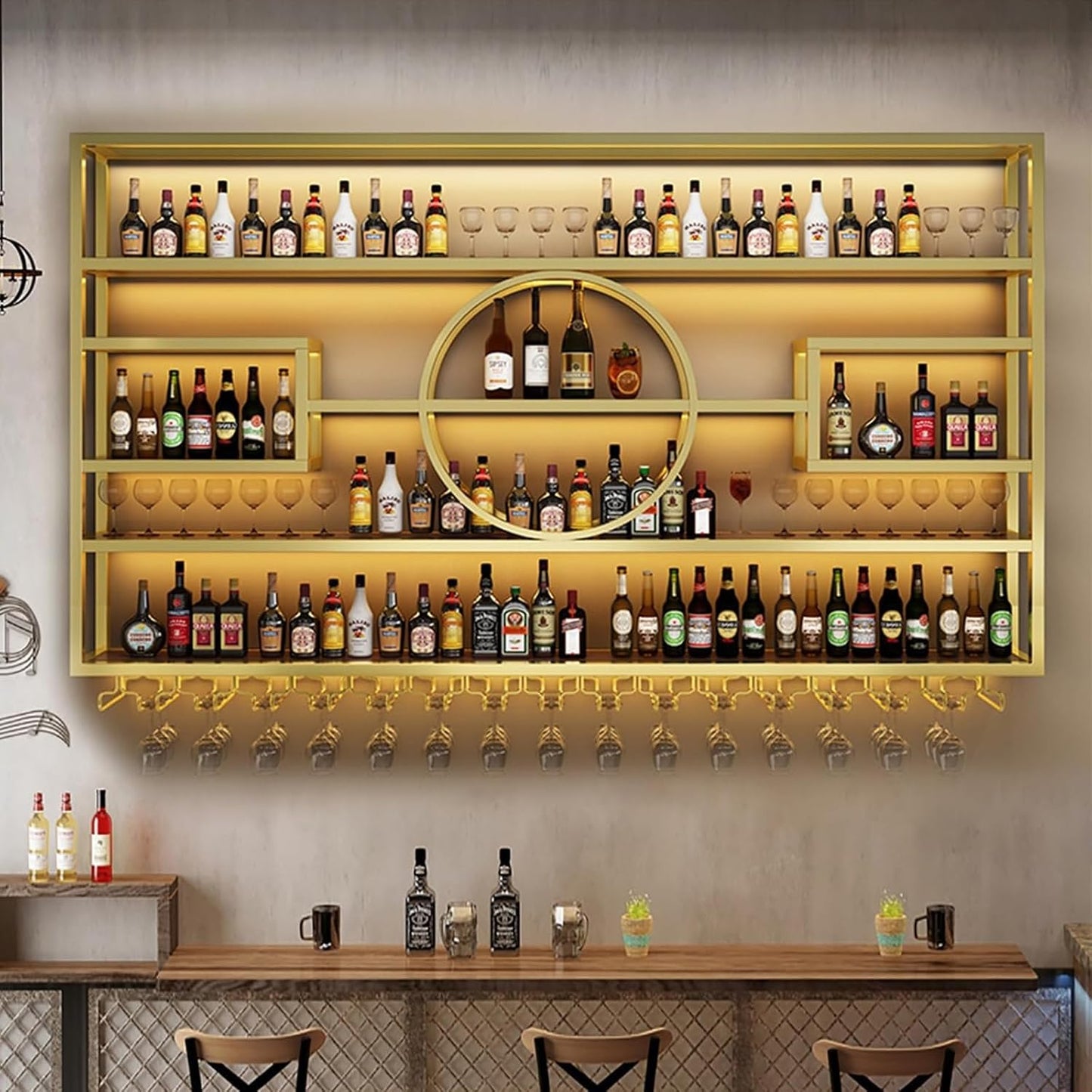 55.1in Wall Mounted Wine Rack, Modern Metal Wine Bottle and Glass Holder, Iron Display Stand Decorative Wine Rack, for Bar Living Room Dining Room Background (Gold, 55.1 * 8 * 51INCHES)