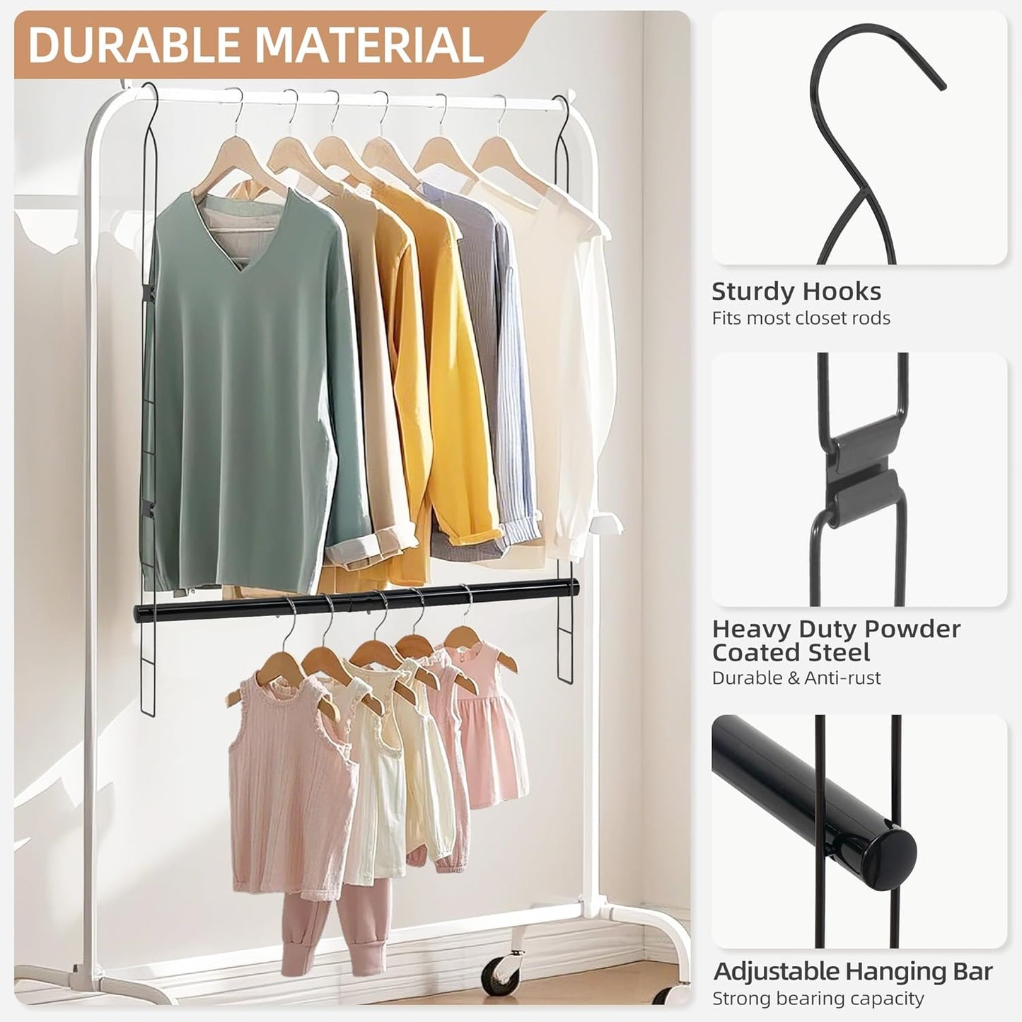 STORAGE MANIAC Hanging Closet Rod, Adjustable Width and Height Closet Hanging Organizer, Space-Saving Clothes Hanging Bar, Closet Extender Hanging Rod Double Closet Hanging Rod, 1 Pack Black