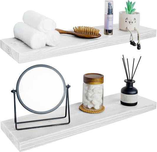 BGMG Wood Floating Shelves 30 inch Set of 2,White Floating Shelves for Wall,Solid Wood Wall Shelves for Bathroom Living Room Bedroom Kitchen Farmhouse -30x 6.7 x1.25 inch