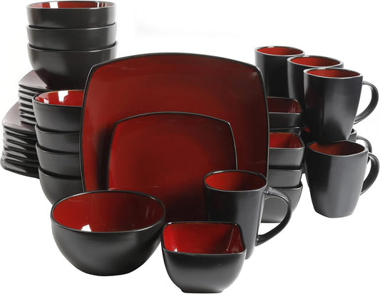 Gibson Elite Soho Lounge Square Reactive Glaze Stoneware Dinnerware Set, Service for 8 (40pc), Red/Black