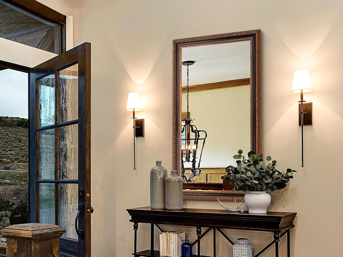 Narrow Vintage Wall Mirror, 46" X 22.5" Decorative Mirror with Black and Bronze Handmade Aging Carvings Solid Wood Frame for Baroque Bathroom, Living Room, Fireplace, Entryway and Bedroom