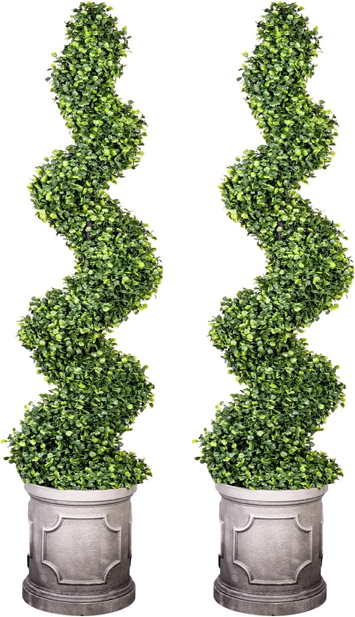 3FT Artificial Spiral Boxwood Topiary Trees with Antique-White Roman-Style Planter - Outdoor&Indoor Year-Round Garden, Porch, Entryway Decor (2 Pack)