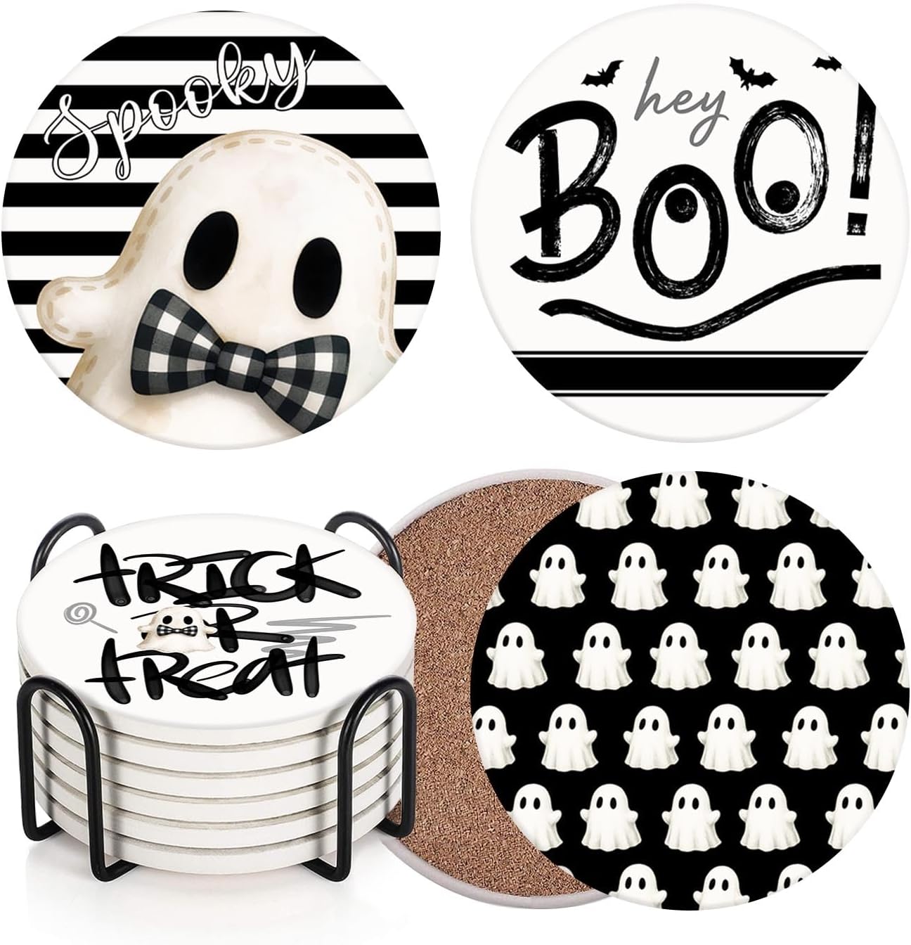 Coaster for Drinks Set of 6, Halloween Hey Boo Cute Ghost Spooky Black White Absorbent Round Ceramic Stone Mat, with Cork Base and Metal Holder, Gift for Housewarming Room Bar Decor