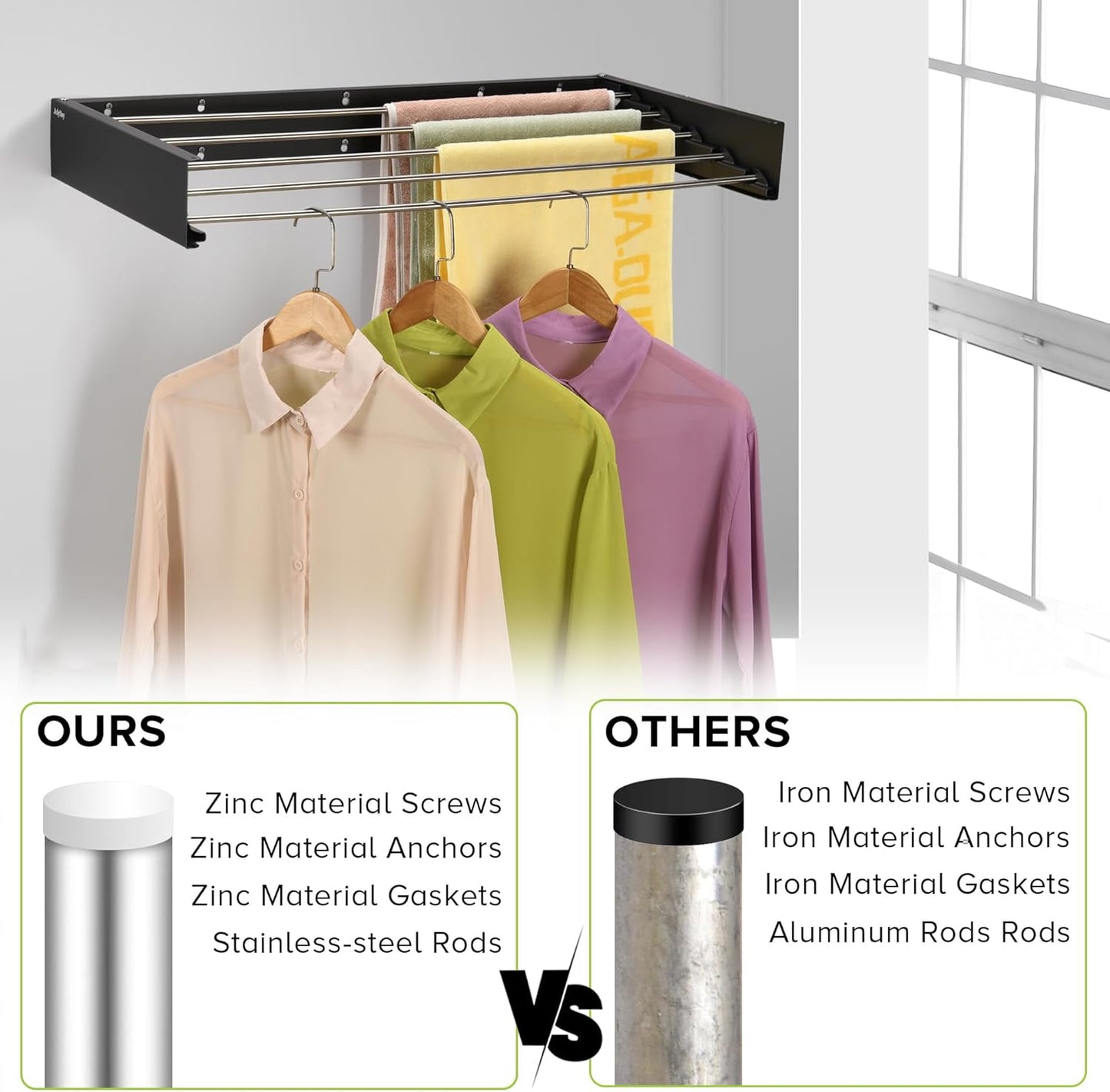 Wall Mounted Laundry Drying Rack, Retractable Clothes Drying Rack for Bathroom with Wall Template, 5 Stainless Rods Heaving 60 lb Capacity (Black, 31.5")