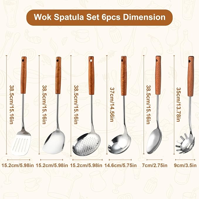 FJNATINH Stainless Steel Kitchen Utensils Set with Wood Handle Nonstick Stainless Steel Cooking Utensils Set with Turners,Spatula,Ladle,Skimmer,Solid Spoon,Pasta