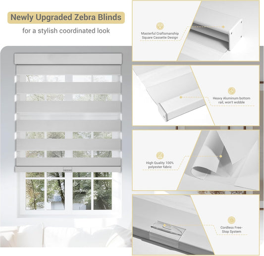 Cordless Zebra Blinds for Windows, Blackout Interior Blinds,Easy to Install,UV Protection,for Offices and Home,Custom Roller Shades, Solid White, 83" W x 72" H