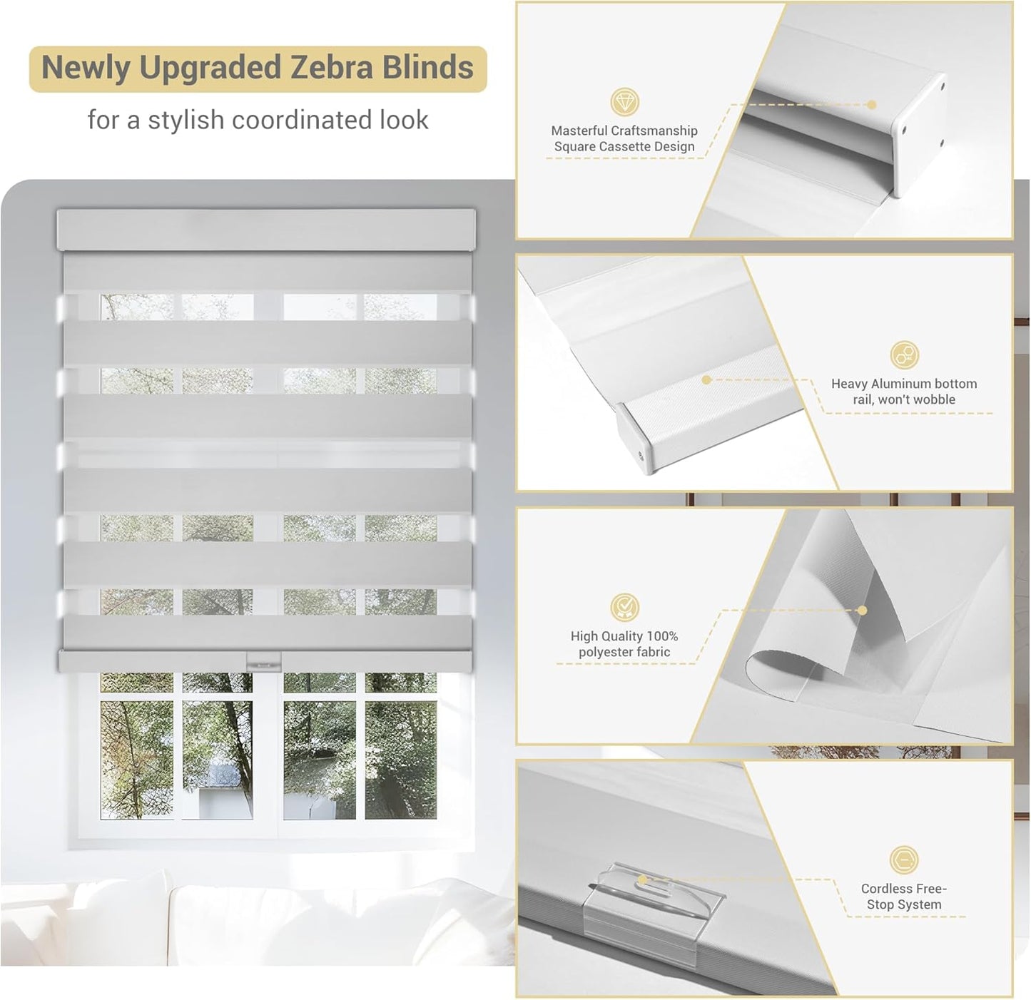 Cordless Zebra Blinds for Windows, Blackout Interior Blinds,Easy to Install,UV Protection,for Offices and Home,Custom Roller Shades, Solid White, 73" W x 80" H