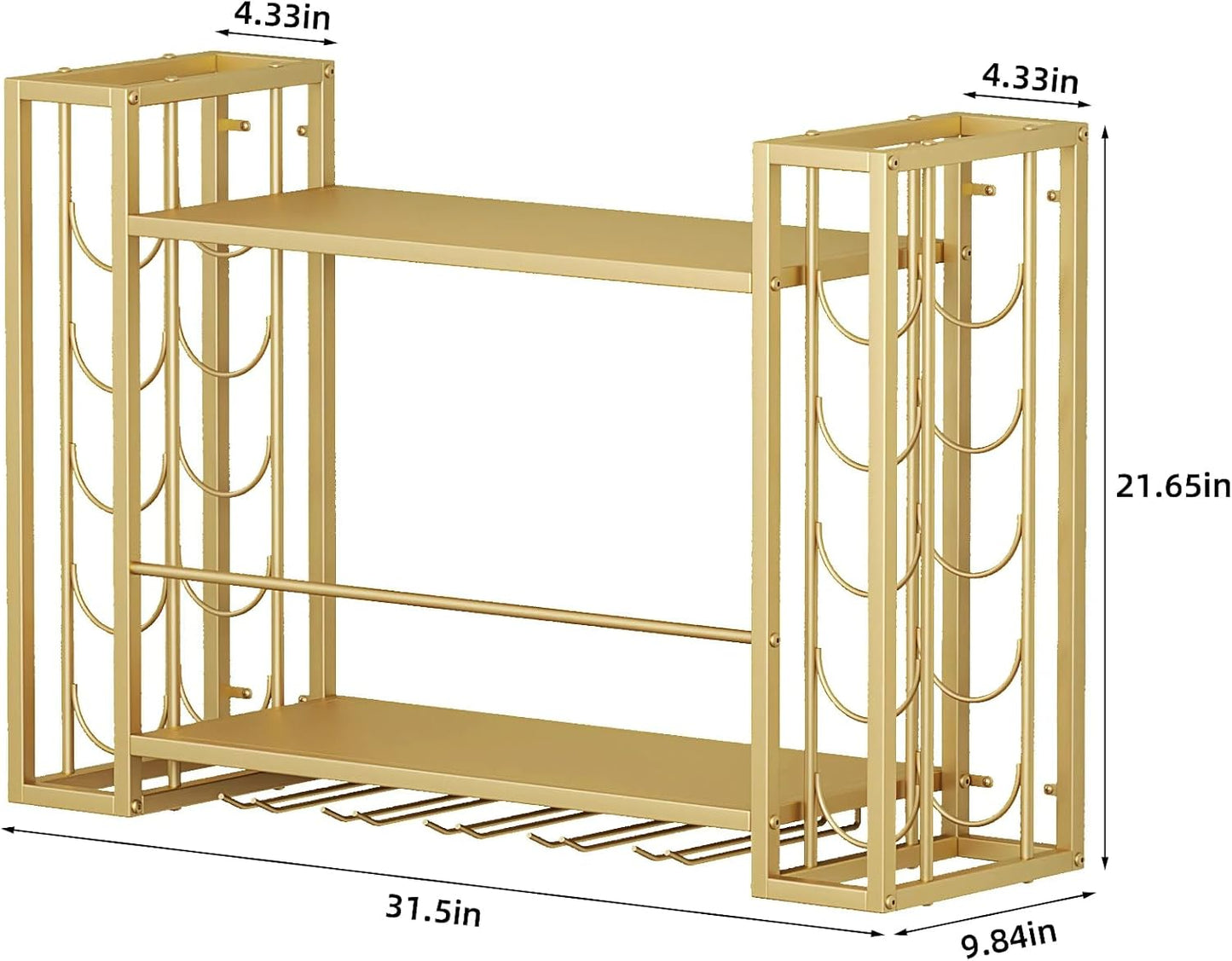 Wall Mounted Wine Rack, Hanging Floating Bar Liquor Shelves with Glass Holder, Metal Bottle Holder Wine Storage Display Shelf for Home Bar, Gold