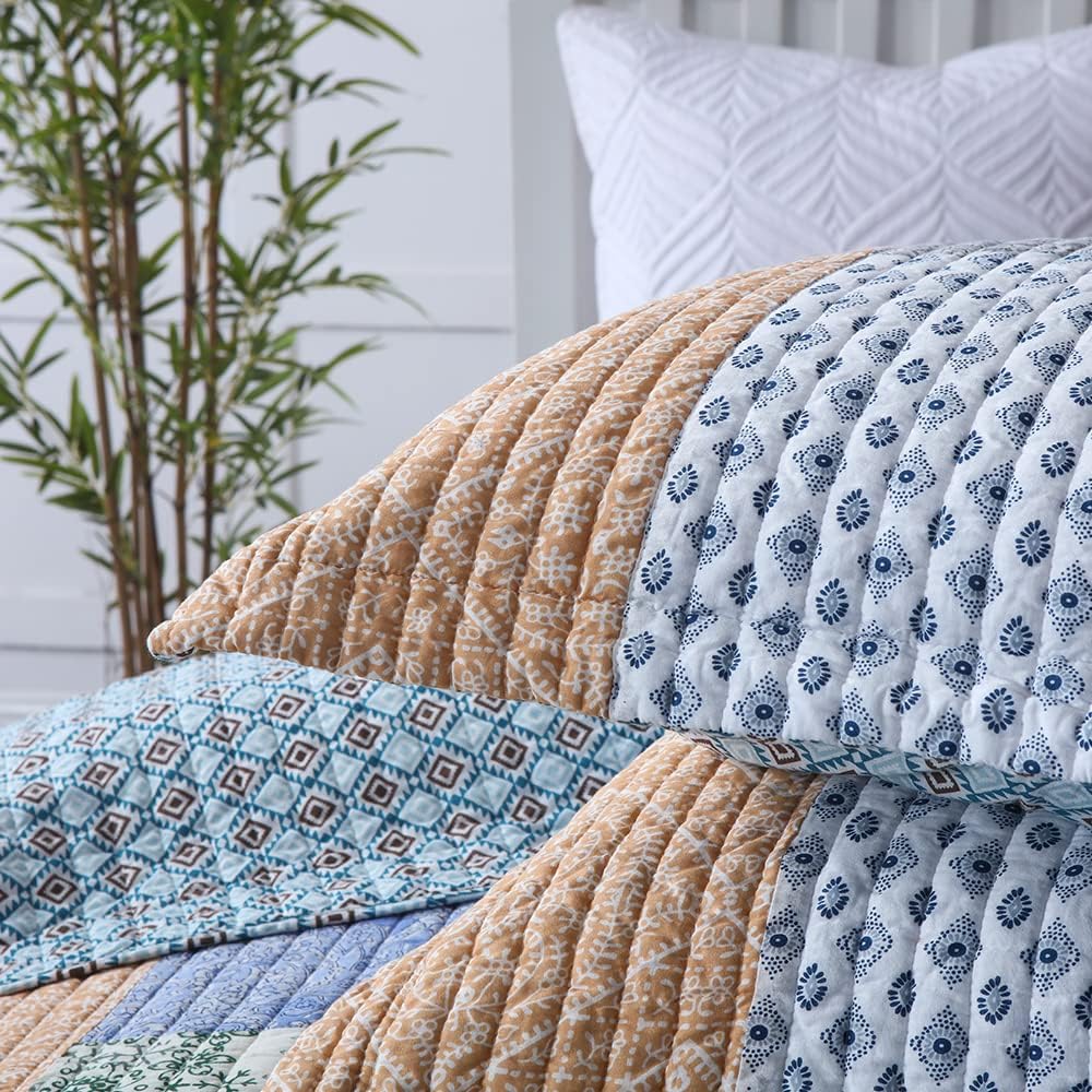 Autumn Dream Cotton Bedspread Quilt Sets Reversible Bedding Coverlet Sets Comforter, Vintage Floral Patchwork Red Blue Bedspread, King Size (Blue Bohemian Patchwork, Queen (90 by98 Inch))