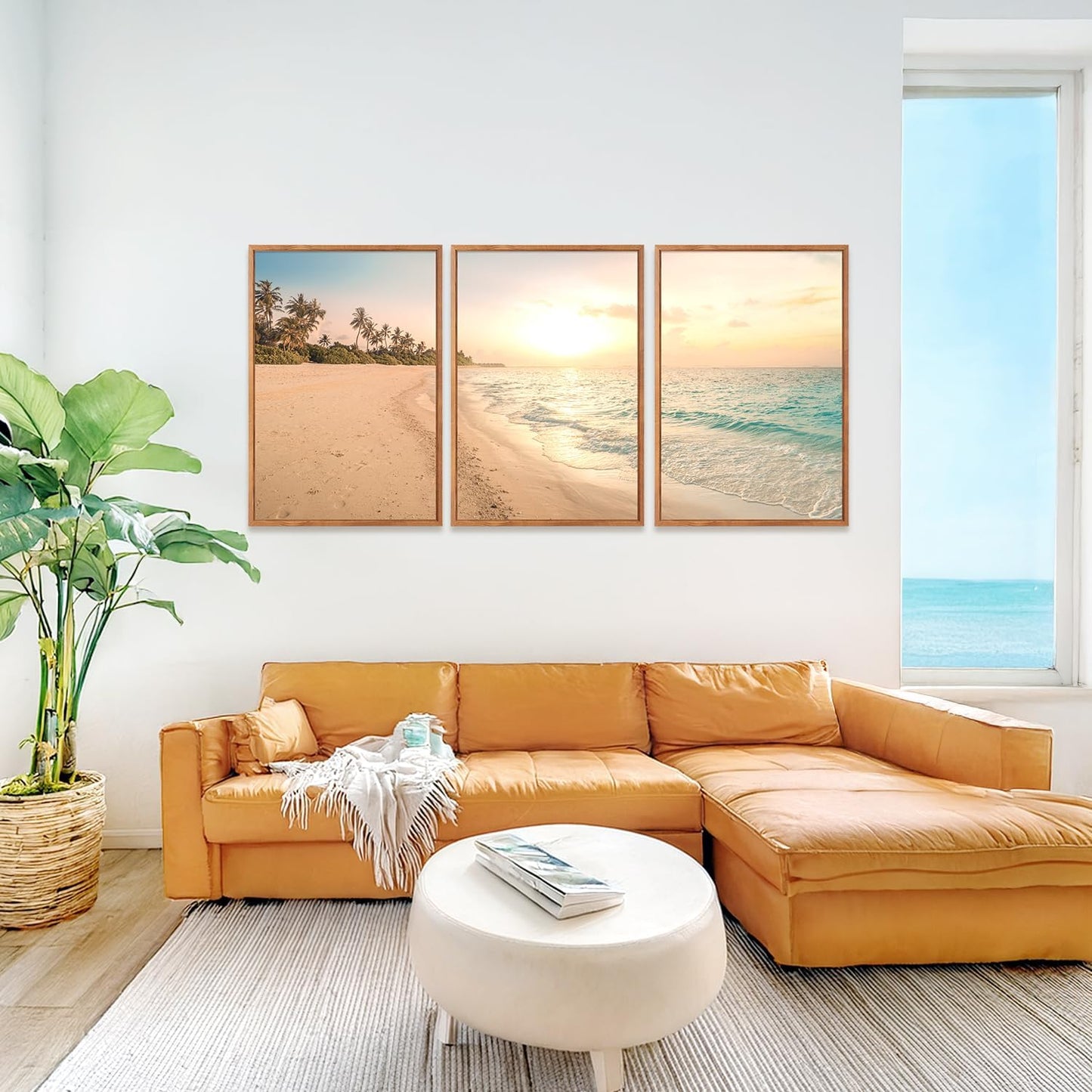 Aurlan Tropical Beach Sunset Framed Wall Art(16"x24"), 3PCS Coastal Ocean Island Canvas Artwork, Vintage Seascape Landscape Scenery Decor Prints for Office Home