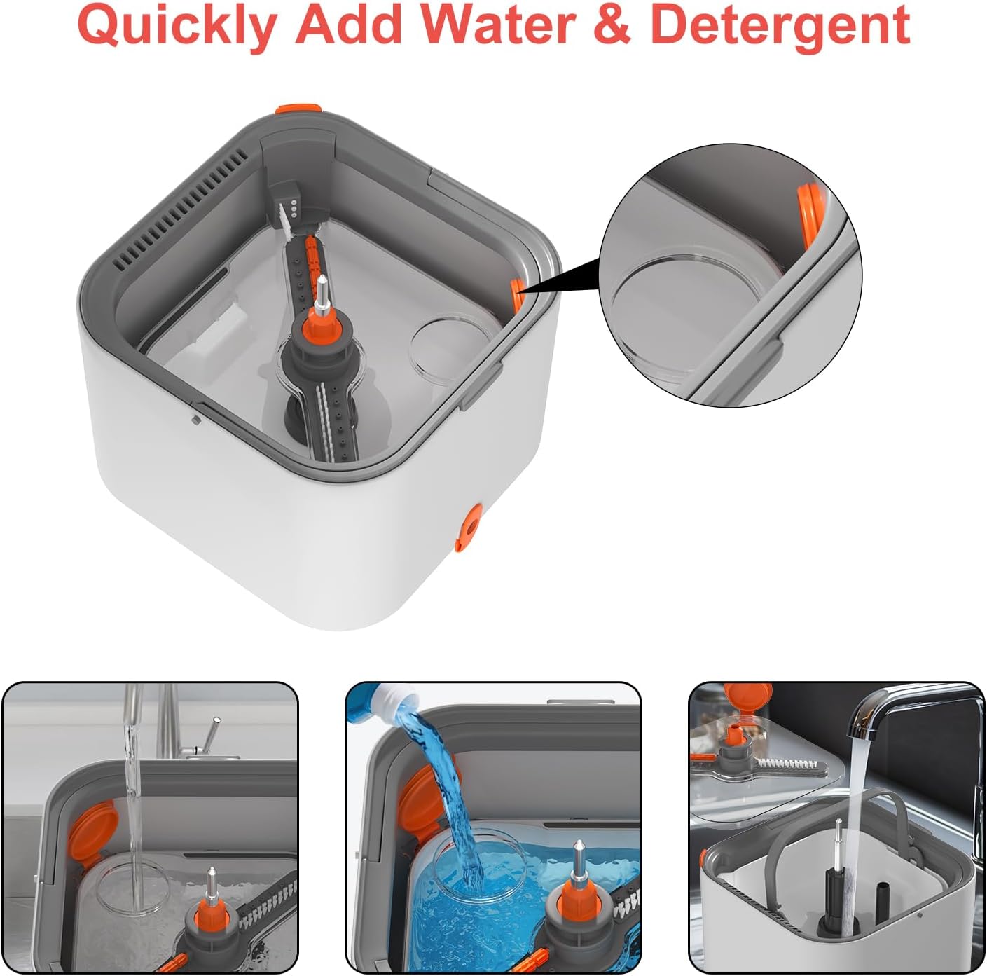 Mop and Bucket Set, Spin Mop with Self Seperates Dirty Water System, Square Mops for Floor Cleaning, 360 Rotating Foldable Standing Mop Head, Versatile Mops for Walls (Mop Bucket with 2 Pads)