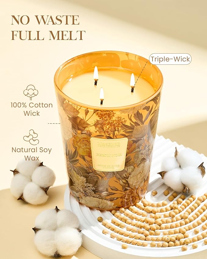 M&SENSE Neroli Noir Scented Candle 3 Wick 35oz 150H Long Lasting, Natural Soy Candles Stress Relief Calm Home Fragrance Housewarming Gifts