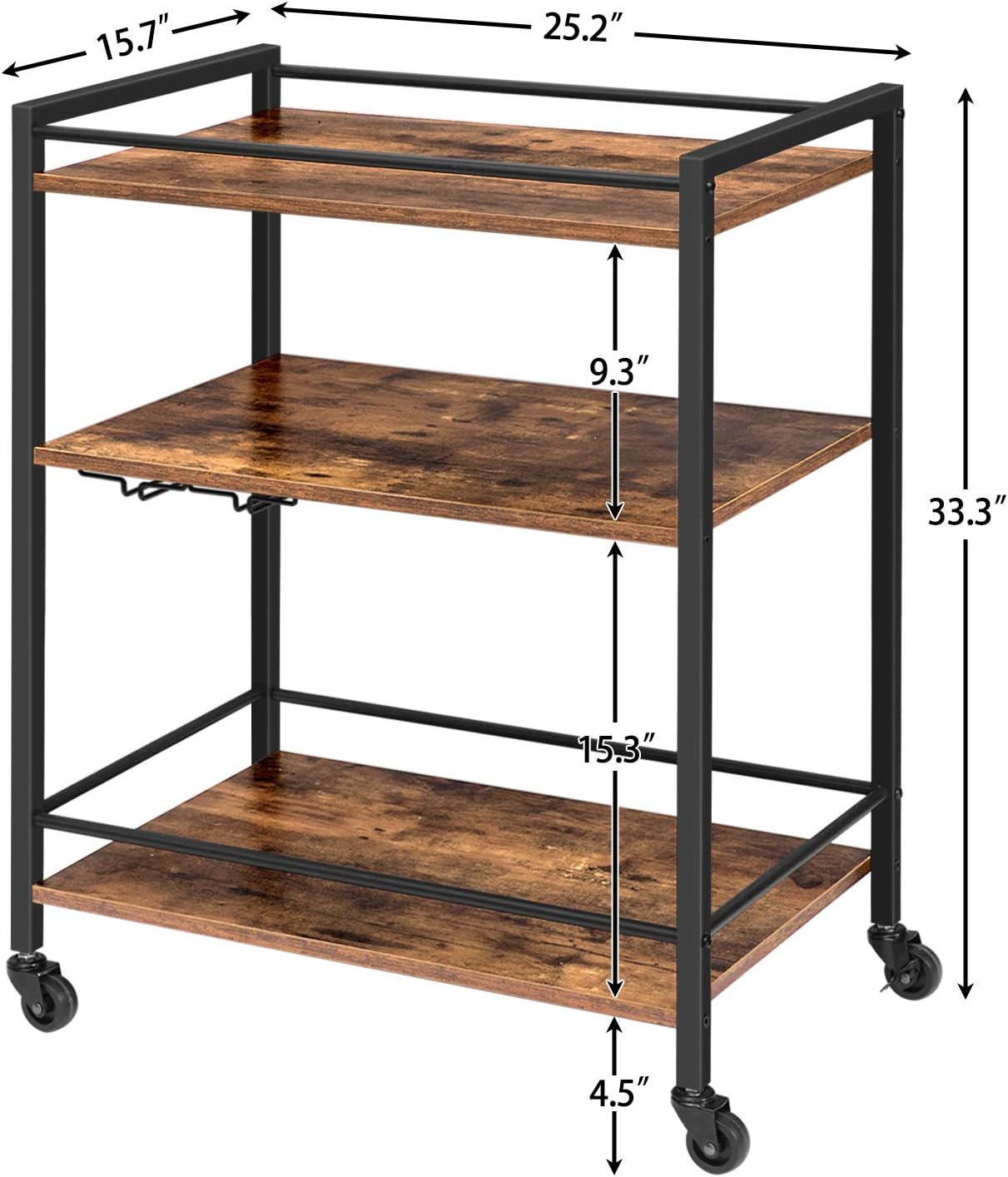 HOOBRO Bar Cart for The Home, Serving Cart with Wine Glass Hooks, Rolling Kitchen Cart with Lockable Wheels, 25.2 x 15.7 x 33.3 Inches Beverage Cart with Storage Shelves, Rustic Brown BF02TC01