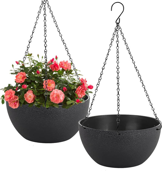 13 inch Hanging Planters for Indoor Plants, 2 Pack Planters for Outdoor Plants with Drainage Holes and Chain, Round Plastic Hanging Baskets, Hanging Flower Pots for Balcony Garden Decor-Black