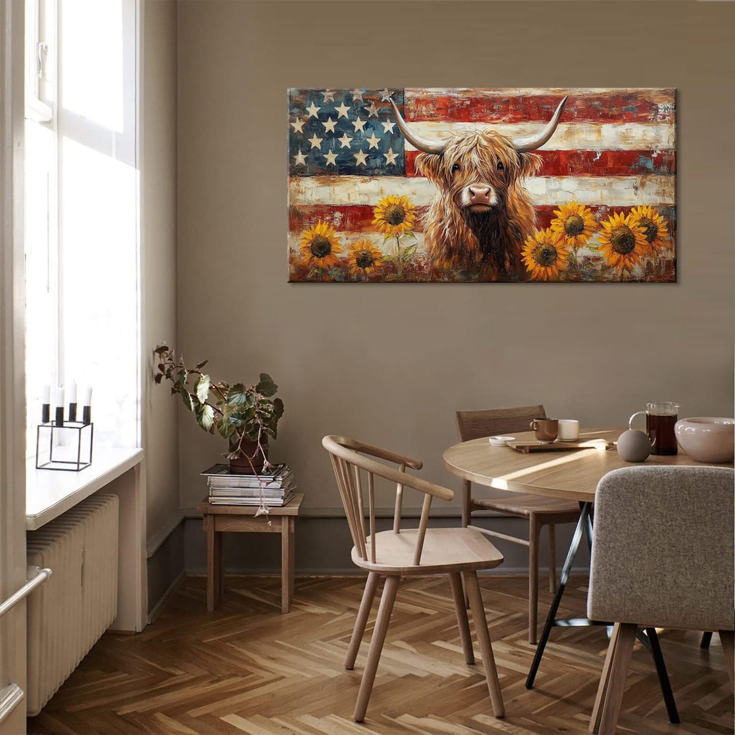 LASMOND Country Highland Cow Wall Art for Living Room Rustic Retro Vintage American Flag Sunflower Canvas Painting Prints Highland Cattle Artwork Farmhouse Bedroom Office Decor (40x20 Inches)