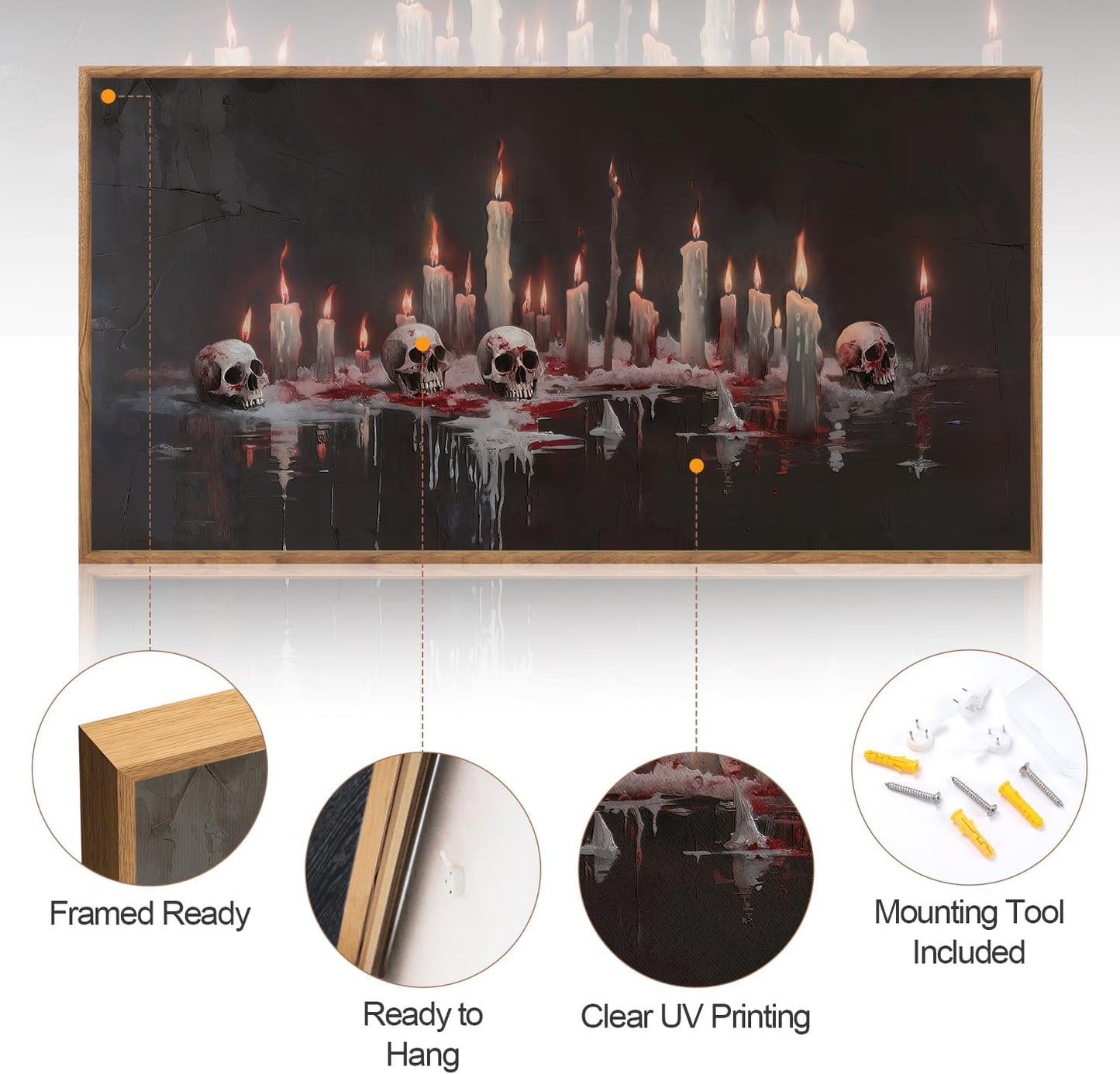 Aurlan Gothic Bloody Skull and Candles Framed Wall Art(40"x20"), Large Horror Dark Academia Halloween Skeleton Canvas Artwork, Modern Goth Spooky Creepy Ghost Decor for Home Office Bedroom