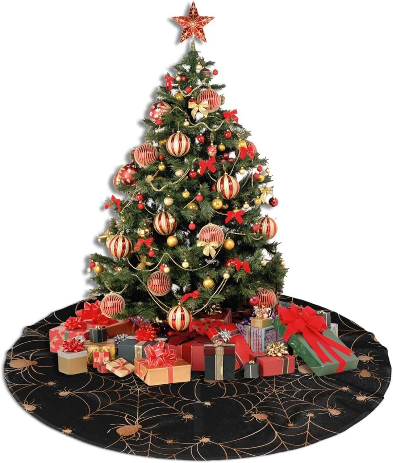 Christmas Tree Skirt,Gold Spider Web Xmas Tree Skirt Rustic Farmhouse Tree Skirt for Christmas Decor Xmas Holiday Home Party Decorations48