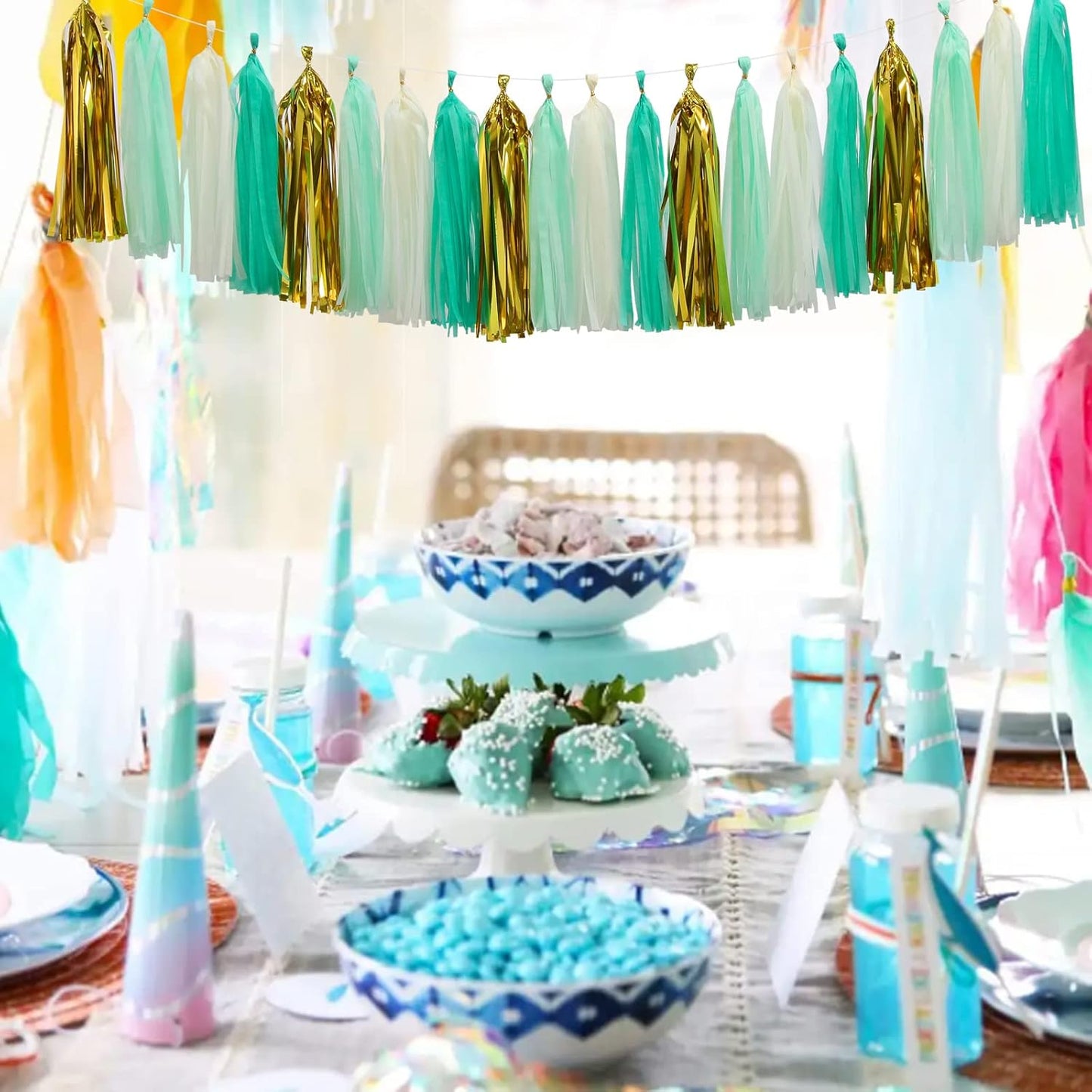 Teal-Blue Mint Beige-Gold Party-Decorations Tassel-Garland -20pcs Rustic Wedding Tassels Banner Streamers,Women Birthday Bachelorette Engagement Decor Panduola