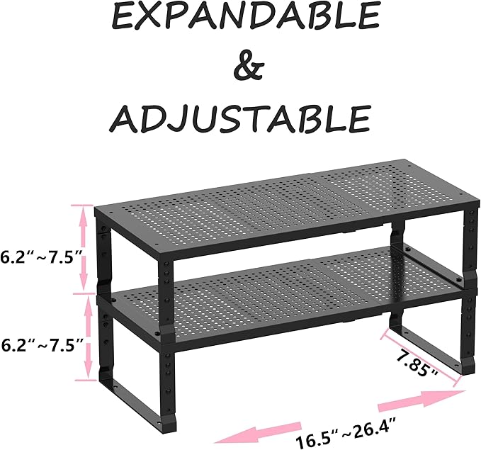 Metal Stackable Expandable Storage Shelf - Multi-Functional Home Storage Shelf, Suitable for Kitchen, Cabinet，Bathroom, Office, Garage, etc.（2PACKS/Black/Medium