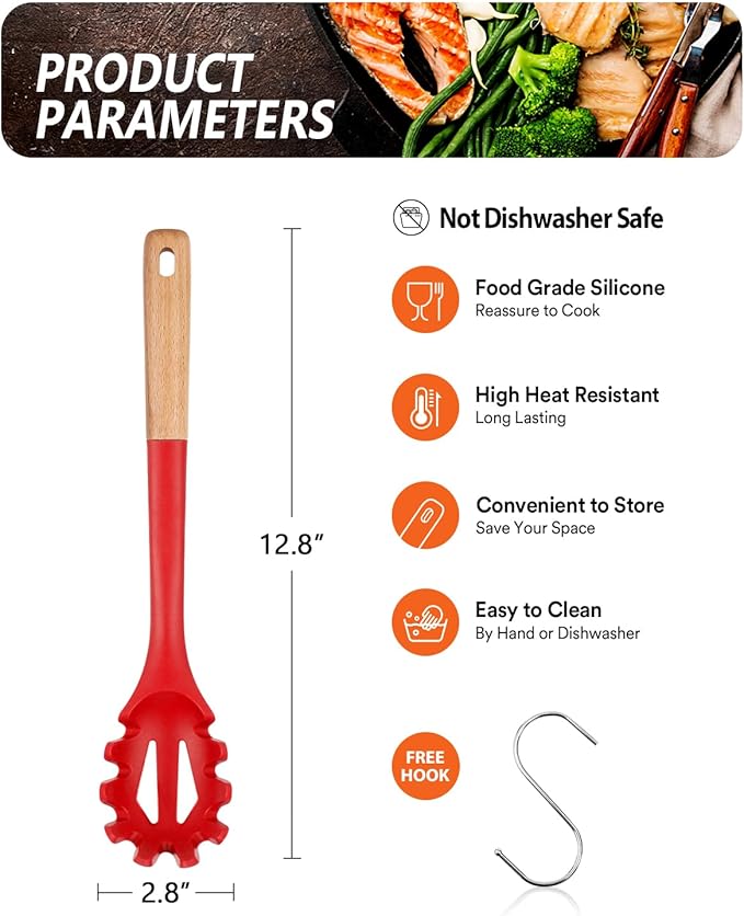 Silicone Pasta Fork, Kitchen Heat Resistant Noodle Spoon Server, BPA Free Spaghetti Strainer,12.8 inch (RED)