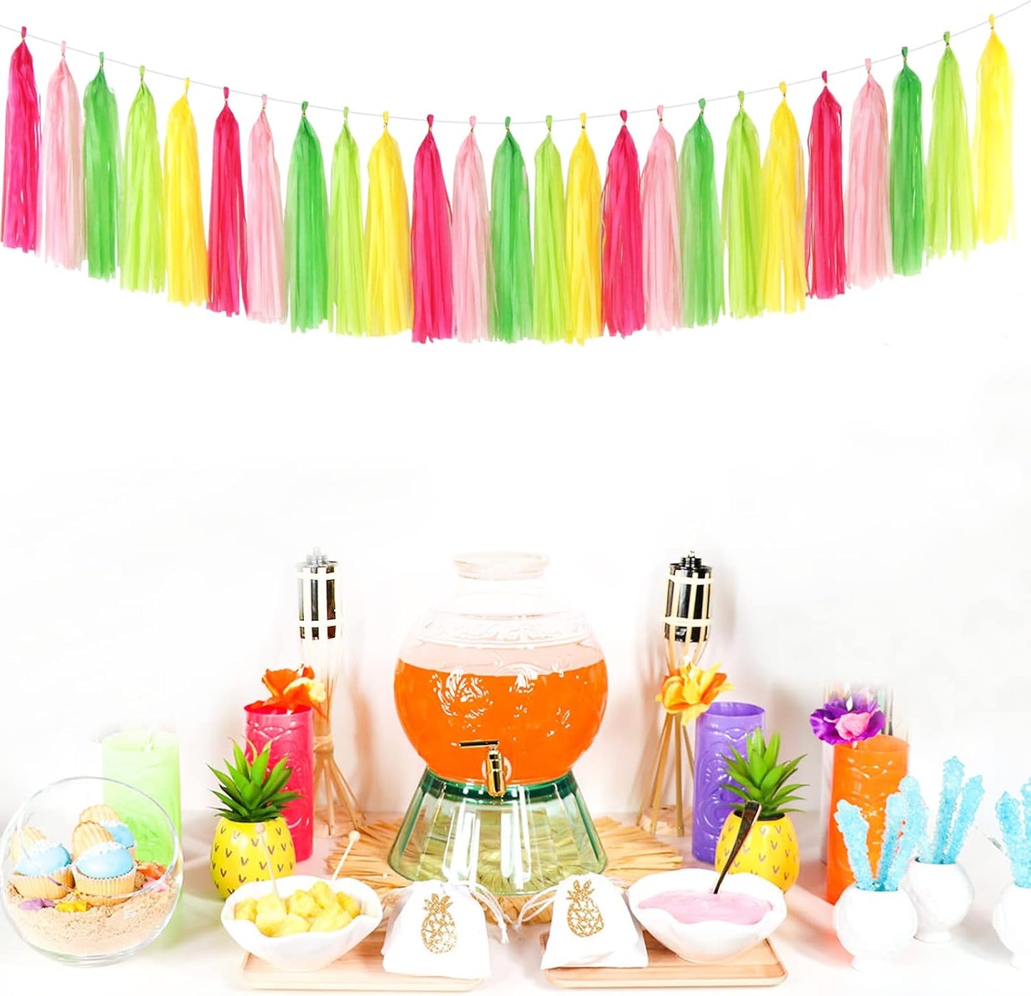 Hawaiian-Themed Pool Party-Decorations Tassel Garland - 25pcs Tropical Jungle Aloha Birthday Streamers,Pink Rose Yellow Green Summer Beach Baby Shower Tassels Banner Backdrop Decor Panduola