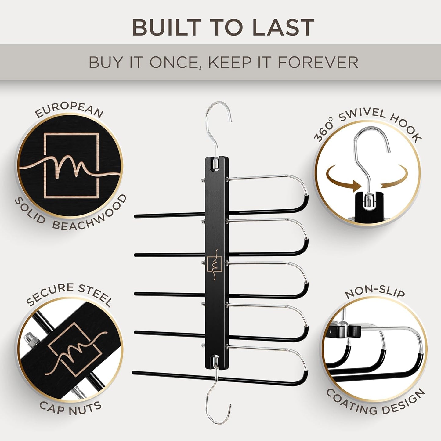 MORALVE Pants Hangers Space Saving - European Beechwood Scarf and Jean Hangers - Closet Organizer and Space Saver Pant Rack, Leggings Hanger, and Scarf Holder with 360° Swivel Hook (1 Pack)