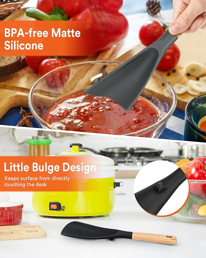 Cooking Spoon for Nonstick Cookwares, Great for Cooking and Serving Sturdy BPA-Free Matte Silicone, Wood Handle Spoon for Mixing, Scoop, and Scrape (Black & Grey, 11.4 inch)