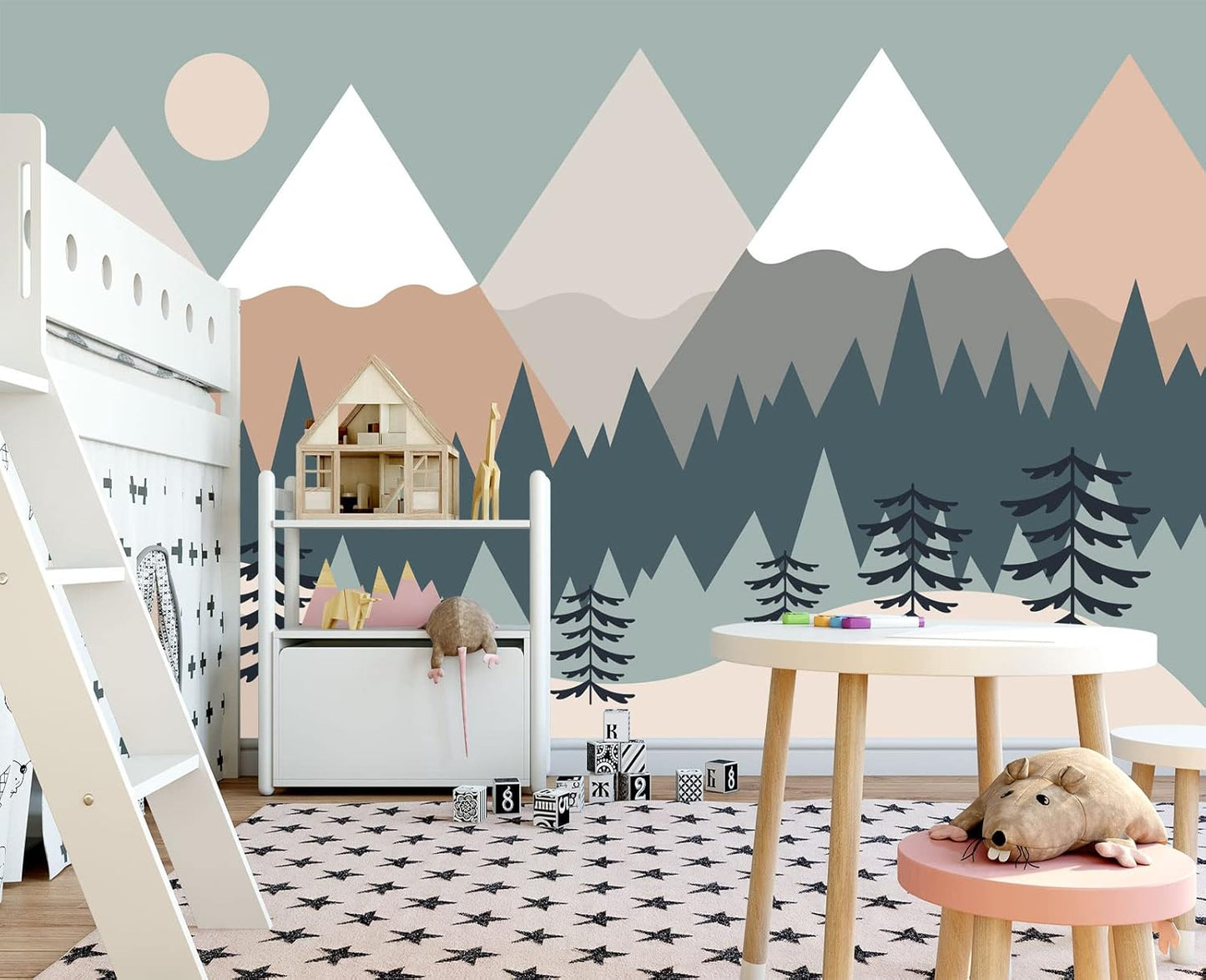 Children's Cartoon Mountain Peak Forest Sun Nursery Wall Mural Wallpaper 103" x 69"