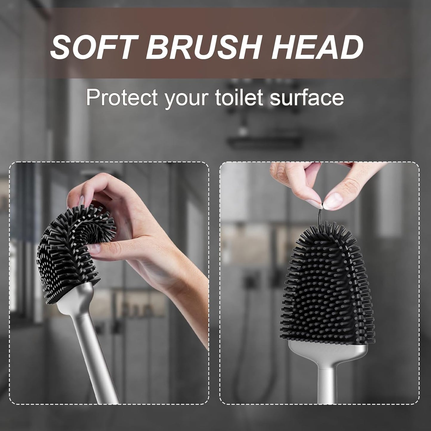 Sellemer Toilet Brush and Holder Set - Flexible Toilet Bowl Brush Head with Silicone Bristles, Compact Size for Storage and Organization, Ventilation Slots Base (1 Pack, Silver)