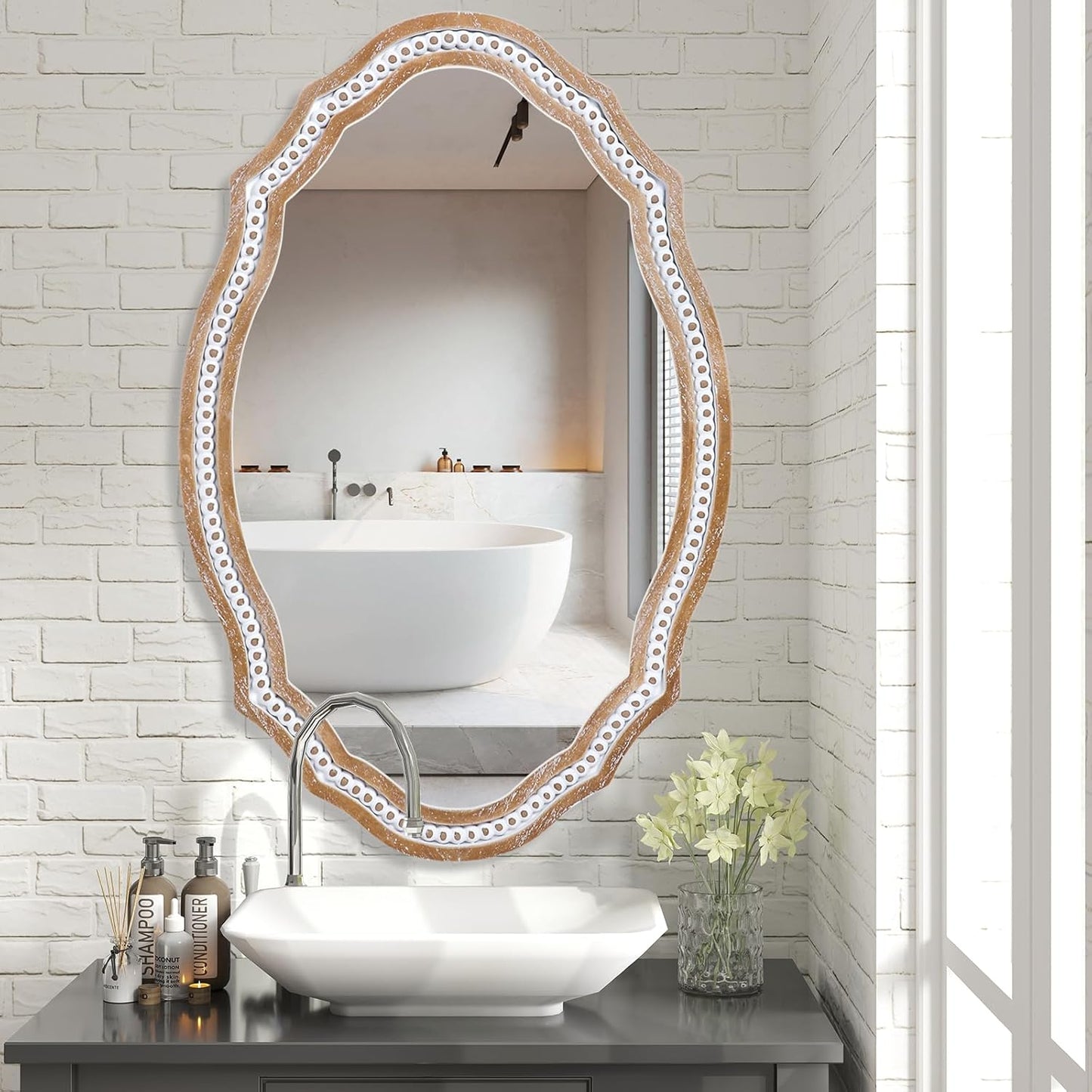 24" x 35" Wooden Farmhouse Oval Mirror for Wall Decor, Living Room, Bedroom, Bathroom Rustic Decorative Mirror for Entryway - Vertical or Horizontal Hanging