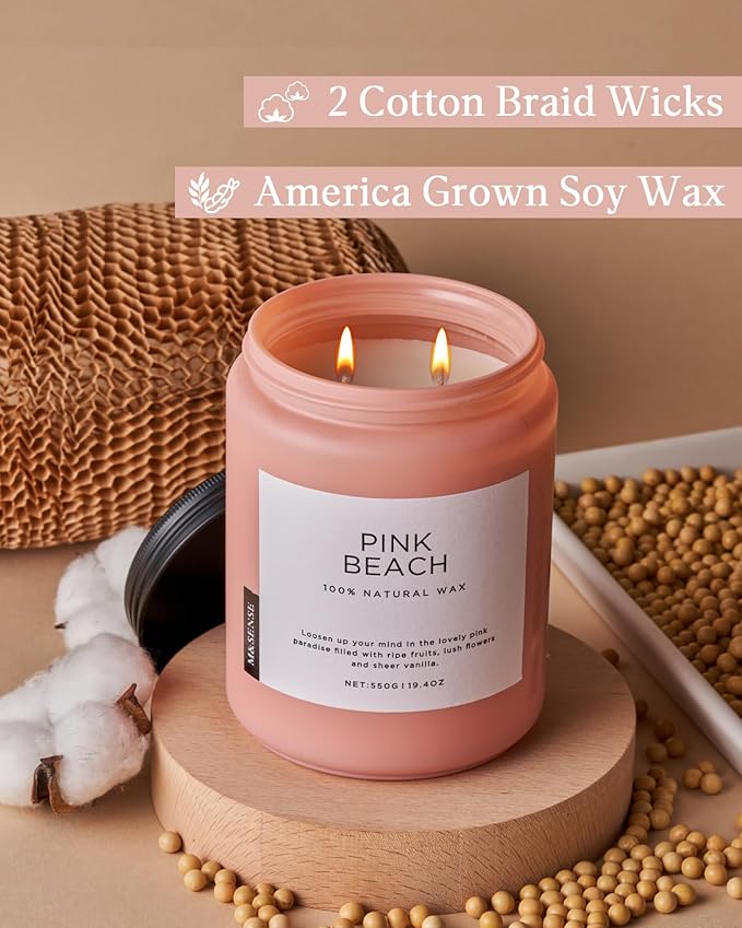 M&SENSE Pink Beach Sands Jar Candle, 19.4oz Pineapple Coconut Scented Natural Soy Candles for Home Scented, 110 Hour Burn Time, Home Decor Gift for Women, Friends, Family, Colleagues, Couples