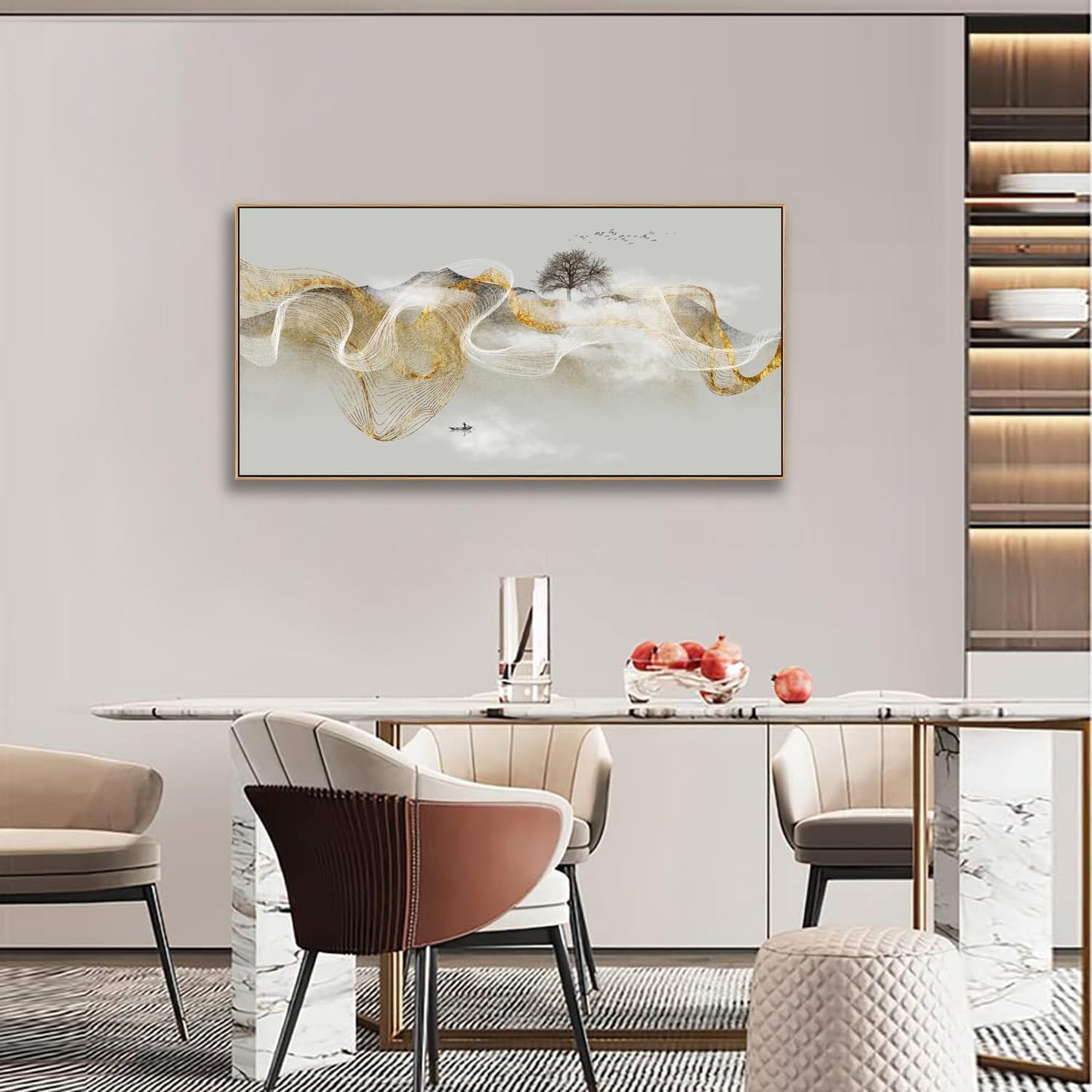 HUADAOART Wall Art Modern Zen Light Luxury Natural Landscape with Golden and White lines Background Wall Decor Canvas Prints for Living Room Bedroom 24x48 Inches (Framed)