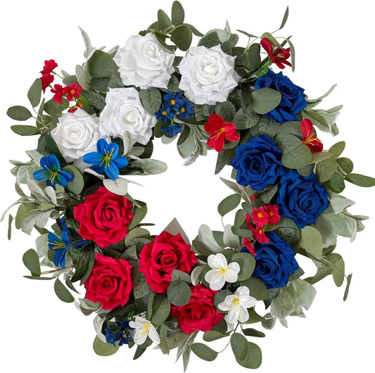 WANNA-CUL Patriotic Wreath Decorations, 24 Inch Rose 4th of July Wreaths for Front Door, Red White Blue Spring Door Wreath for Independence Day, Memorial Day for Indoor Outdoor Decor