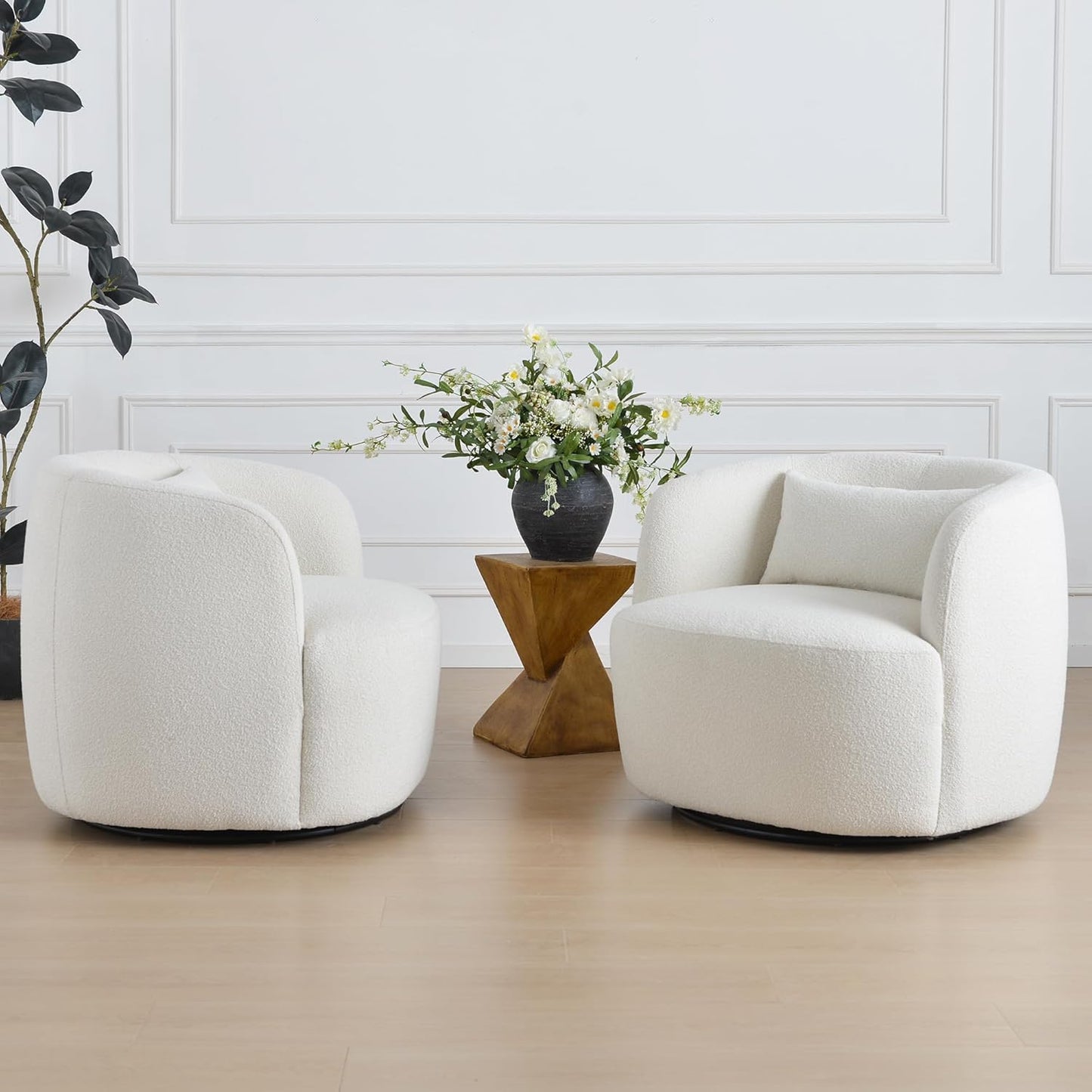 KINWELL 34" Wide Sherpa Swivel Barrel Chairs Set of 2, No Assembly Round Boucle Upholstered Accent Chairs Armchairs Single Sofa Chair with Toss Pillow for Living Room and Bedroom, Beige