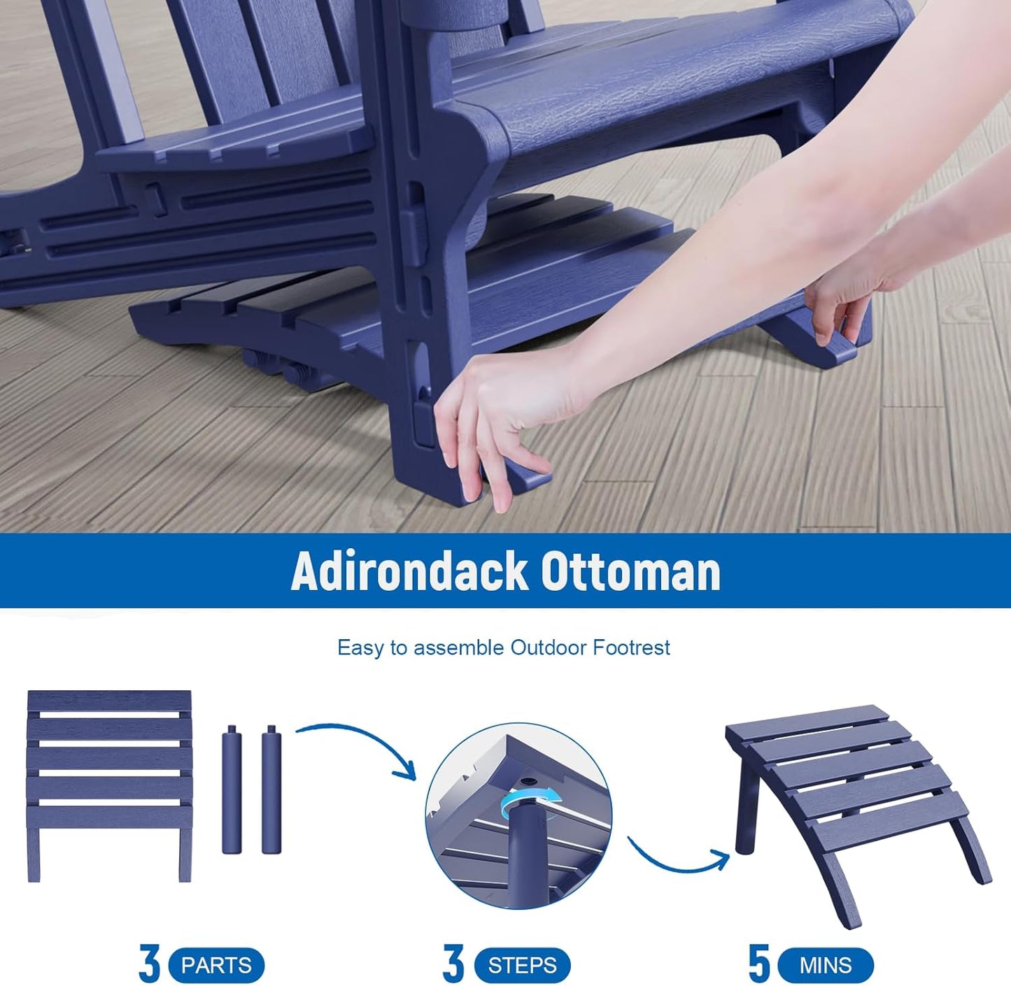 Adirondack Ottoman, HDPE Plastic Adirondack Footstool, All Weather Foot Rest for Adirondack Chair, Outdoor Footrest for Patio,Backyard, Lawn, Fire Pits, Navy Blue